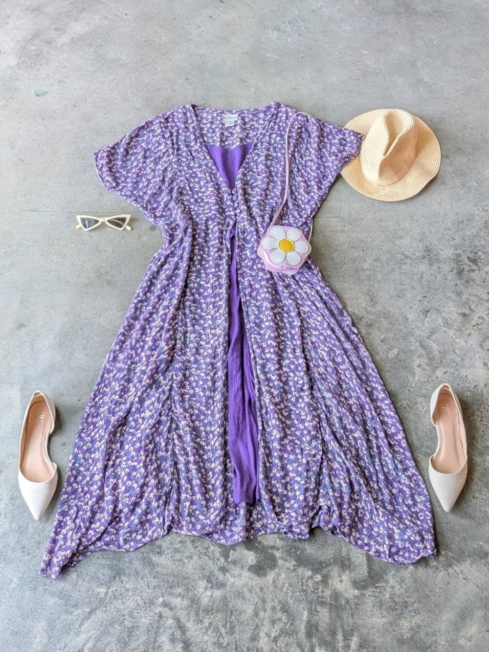 Vintage 90s Whimsigoth Fairycore Purple Floral Midi Dress medium